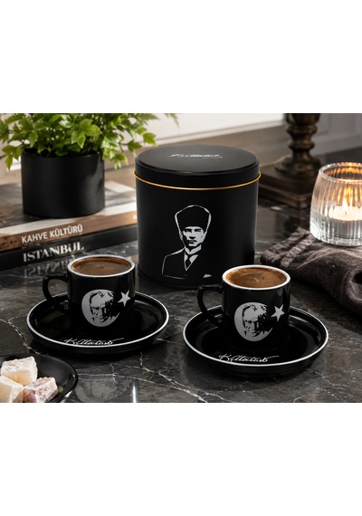 Atatürk İmzalı 2 Li Türk Kahvesi Fincan Takımı Özel Kutulu Siyah Premium Kahve Seti Hediyelik