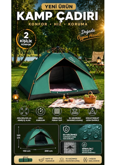 Çadır Tam Otomatik Kamp Çadırı 2 Kişilik 200x150 Cm 3 Saniyede Kurulum Su Geçirmez Geniş Çadır Outdoor Yeşil
