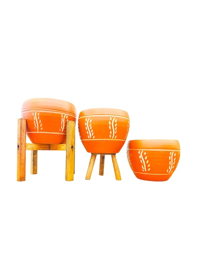 BİTKİ TASARIMI EV DEKORASYON NAKIŞ DESENLİ TERRAKOTA TOPRAK SAKSI SAKSILIK SALON ÇİÇEKLİK ÜÇLÜ SET - 15 CM