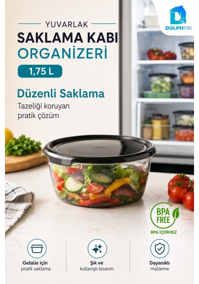Yuvarlak Saklama Kabı 1,75 Litre 19,5x19,5x9 Cm Şeffaf Siyah Kapaklı Bpa İçermez
