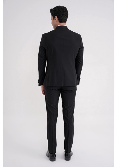 Slim Fit Fleto Cep Çıkarılabilir Saten Yaka Düz Siyah Damatlık Smokin Takım Altro 032 Siyah