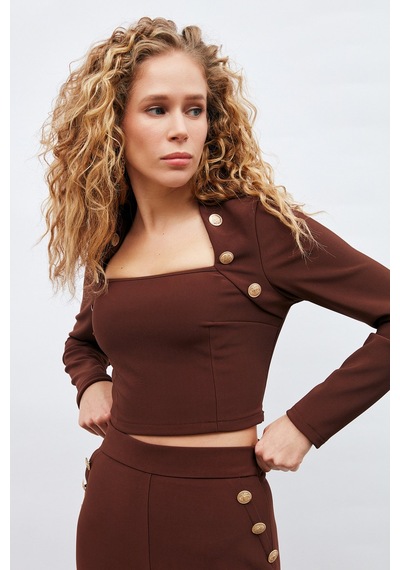 Sateen Düğme Detaylı Bluz - Kahve