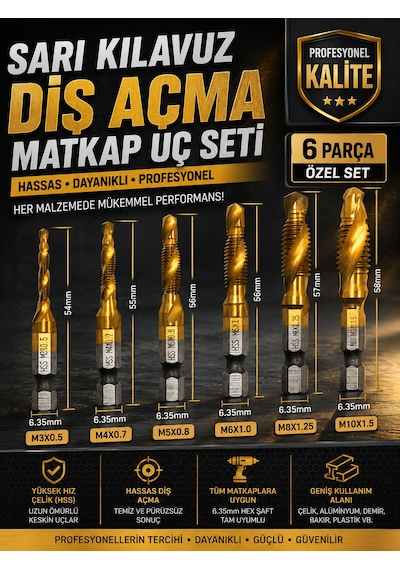 Mucit Home 6 Parça Sarı Klavuz Diş Açma Kılavuz Matkap Uç Seti Ahşap Alüminyum Plastik Delme
