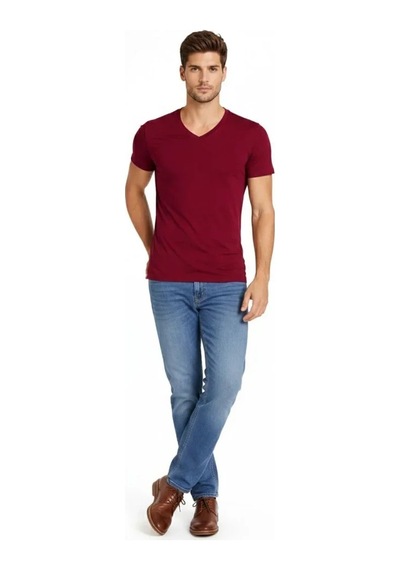 Efnaz Style Erkek T-shirt V Yaka Slim Fit Dar Kesim Likralı Tişört Günlük Basic Body - Bordo