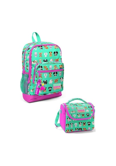 Coral High Kids Su Yeşili Neon Pembe Köpek Desenli 2'li Okul Çanta Seti