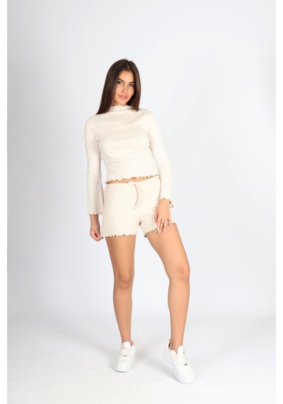 Soft&Basic Bej Balıkçı Yaka Baby Overlok Dikişli Bluz Bej