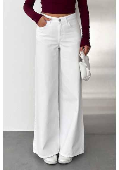HLT Jeans Beyaz Kadın Wide Leg Jean %100 Pamuklu Yüksek Bel Palazzo Kot Pantolon Angel-2058