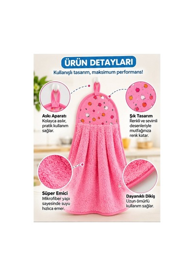 Mucit Home Mutfak Havlusu 3 Adet Süper Emici Kurutma Havlusu Asılabilir Pembe