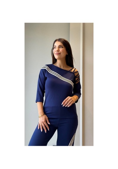 Butik İstanbul Kadın Uzun Kollu Truvakar Kol Tek Omuz Çapraz Şerit Detaylı Ribanalı Viskon Iki Iplik Bluz Ve Pantolon Ikili Takım Lacivert