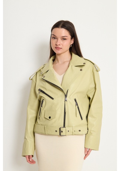 M M Marki Marki Kadın Hakiki Jumbo Deri Ceket Biker Tarz, Kemerli, Oversize, Apoletli, 65 Cm, Su Yeşili - 116622x