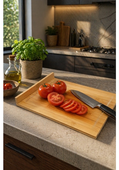 Orta Boy Bambu Kenarlı Kesme Tahtası Tezgah Üstü 35x24 Cm Açık Bej