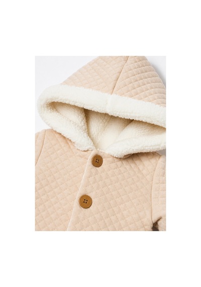 Tatlı Unisex Bebek Kapitone Tulum İçi Peluş Kürklü Kapüşonlu Düğmeli Kışlık Bebek Kozmonot Tulumu Bej