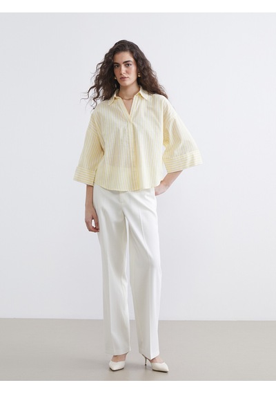Lcw Vision Sarı Çizgili Oversize Kadın Gömlek