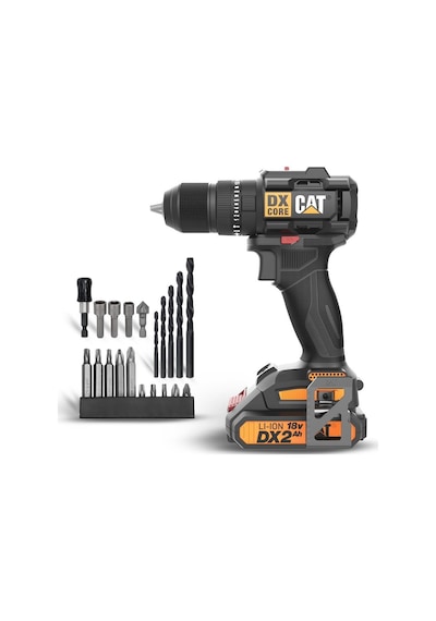 Cat DX1010.1 18V 2.0AH Li-ion Çift Akülü Kömürsüz Profesyonel Şarjlı Darbeli Matkap + 20 Parça Delme Vidalama Uç Seti