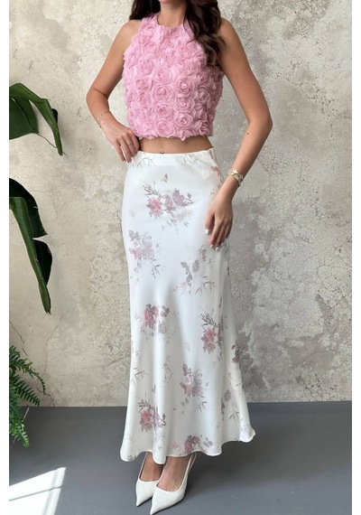 Alemdarshop Ekru Saten Soft Çiçekli Etek