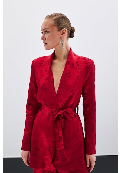 Sateen Şal Yaka Kuşaklı Ceket - Kırmızı-135682 Kırmızı