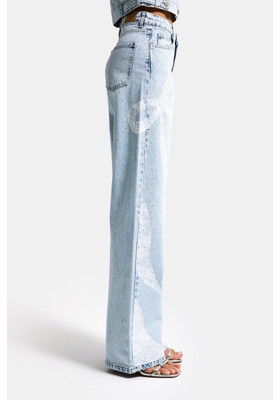 Itsbasic Kadın Ice T-4s6-3 Straight Fit Taş Ve Dantel Detaylı Özel Tasarım Denim Jean Buz Mavi