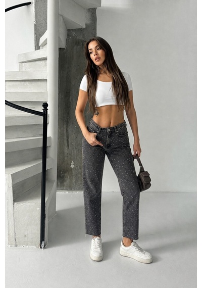 Bluemarlin Kahve Tint Ön Arka Taşlı Paça Kesik Mom Denim Pantolon Kahverengi