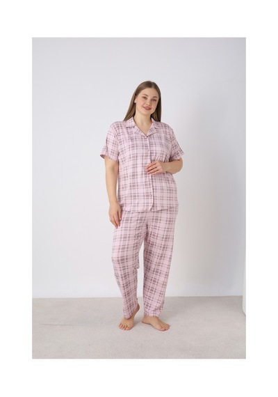 Estiva Kadın Kareli Pembe Kısa Kollu Önden Düğmeli Soft Battal Pijama Takımı Çok renkli
