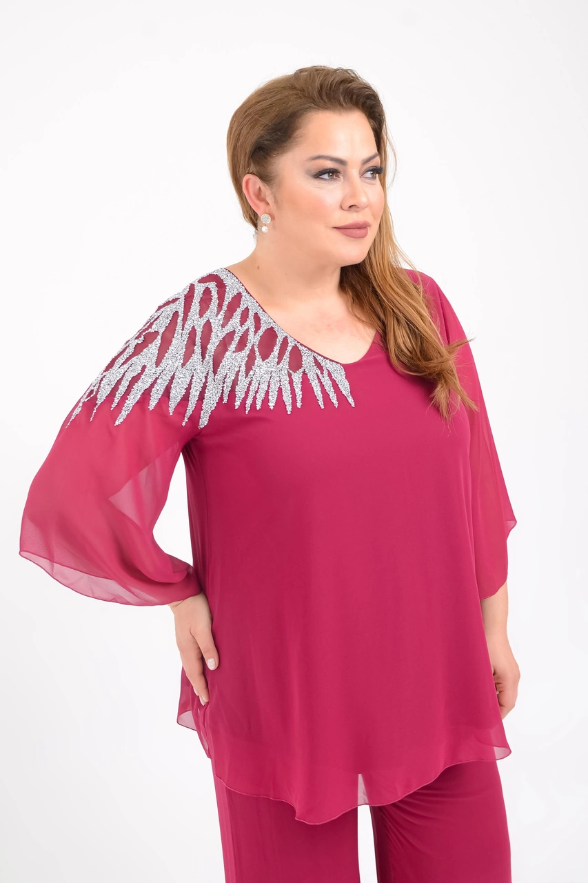 Lilas Xxl Büyük Beden Fuşya Renkli Şifon V Yaka Abiye Bluz Fuşya
