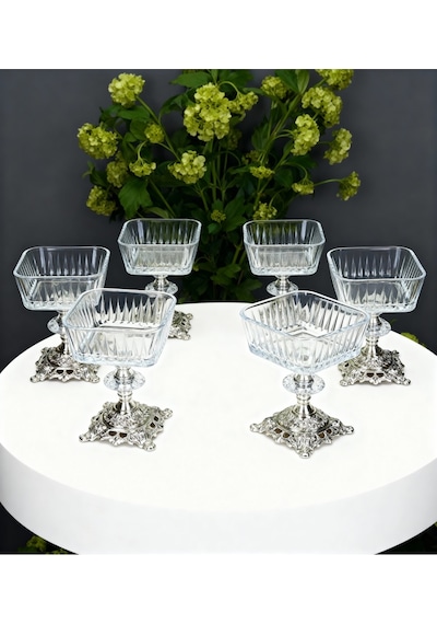 Çnr Home Collection 6 Adet Metal Ayaklı Magnolia-kase-dondurmalık-şekerlik-sunumluk 4566 Gümüş