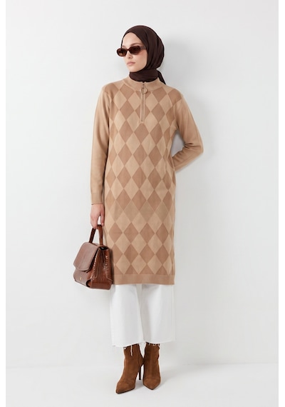 Armine Trend Baklava Desenli Fermuar Yaka Uzun Triko Tunik Latte 25ktd4112 Açık Kahverengi