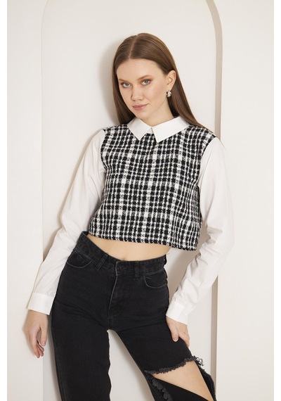 Darlin Moda Siyah Tweed Gömlek Yaka Crop Bluz Dm9002 Siyah