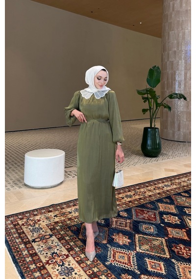 Riella Butik Dantel Yakalı Zarif Tesettür Elbise Haki
