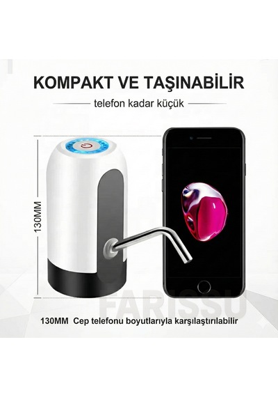 Alaska Şarjlı Otomatik Damacana Su Pompası Usb Kablolu, Dokunmatik, Pratik Su Sebili Siyah Beyaz