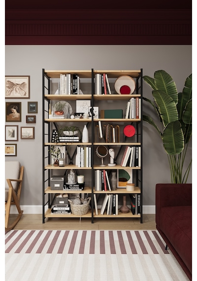 Asra Trend 6 Raflı Metal Kitaplık METALK02 %100 MDF İki Modüllü Geniş Kütüphane Safir Meşe Asra Trend 6 Raflı Metal Kitaplık METALK02 %100 MDF İki Modüllü Geniş Kütüphane Safir Meşe
