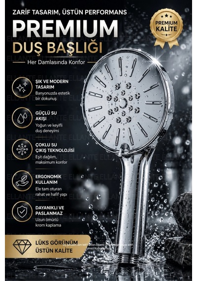Premium 5 Kademeli Duş Başlığı Yüksek Basınçlı Tasarruflu El Duşu Krom Kaplama Paslanmaz Gövde Stand Çok Renkli