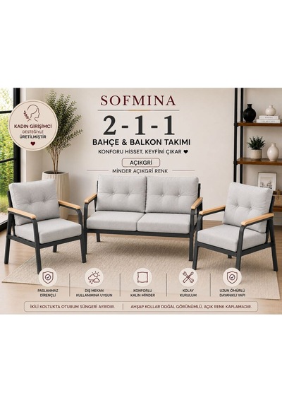 Balkon Ve Bahçe Takımı Cafe Oturma Grubu 2+1+1 Konforlu Lotus Serisi Gri