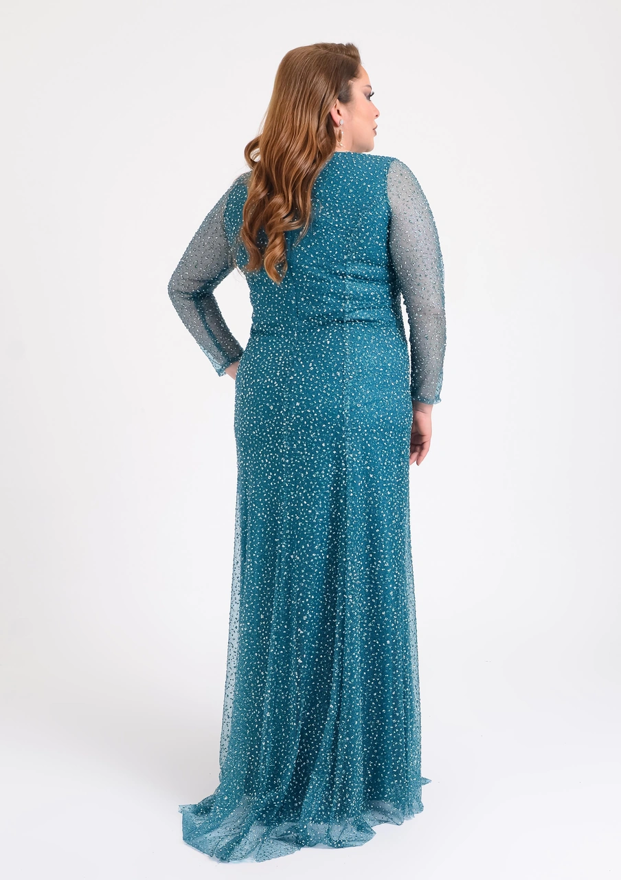 Lilas Xxl Büyük Beden Glitter Baskı Yeşil Renkli Uzun Kollu Uzun Abiye Elbise Yeşil