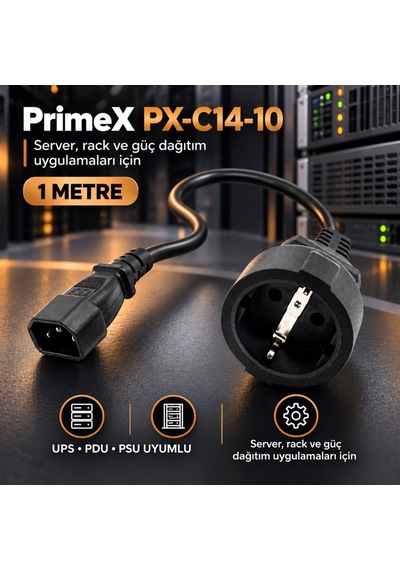 Primex Px-c14-10 Schuko, 1 Metre 3x1.5mm Ups/psu Schuko Çevirici Kablo, Ups Priz Çevirici 3x1.5mm Kalın Kablo, Kısa Schuko Kablo Full Bakır