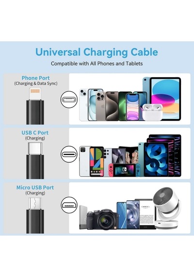0260 Usb To Type-c Micro Usb Lightning Çoklu Şarj Kablosu Universal Makaralı 3'ü 1 Arada