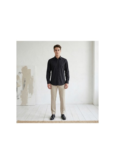 Yusaytr Slim Fit Uzun Kollu Pamuklu Gizli Düğme Yakalı Oxford Gömlek Siyah Siyah