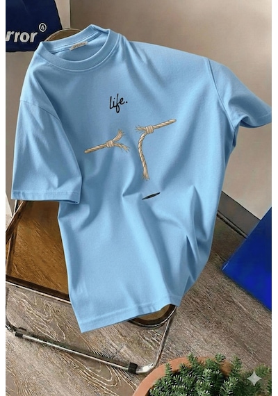 Life Design Minimalist İllüstrasyon Baskılı Unisex Oversize Tişört Turkuaz