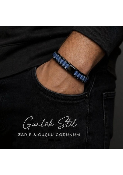 Mavi Aventurin Ve Hematit Doğaltaş Deri & Çelik Örgü Erkek Bileklik Premium Tasarım