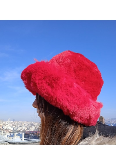 Shopiolog Pofidik Peluş Şapka Kışlık Suni Kürk Kalpak Kımızı Kova Şapka Kırmızı