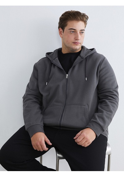 Lcwaıkıkı Classic Gri Büyük Beden Kapüşonlu Erkek Kalın Fermuarlı Sweatshirt