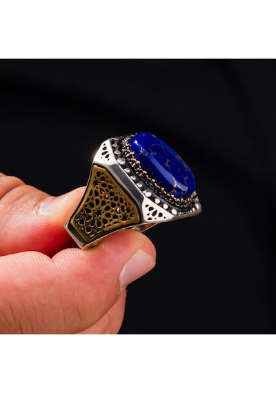 Lapis Lazuli Taşlı Geniş Kasa 925 Ayar Gümüş Erkek Yüzük Gümüş