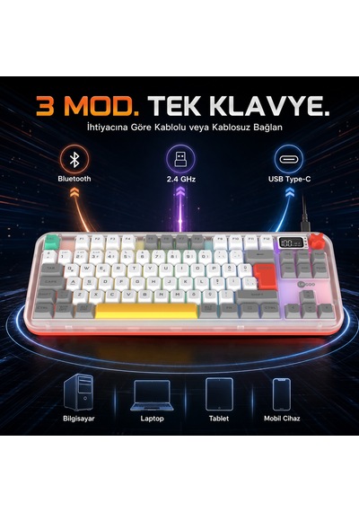 Lecoo Gk302 Üç Modlu Rgb Kablosuz 85 Tuşlu Türkçe Q Membran Oyuncu Klavyesi Beyaz Gri