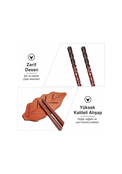 Valkyrie 4 Çift Doğal Ahşap Yemek Çubuğu Seti 8 Adet Japon Chopstick 4 Yaprak Ahşap Tutacak, Kutulu 22,5cm