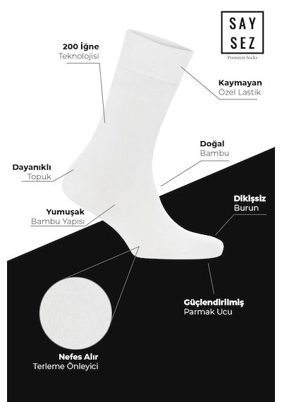 Saysez Bambu Erkek Soket Uzun Beyaz Çorap Dikişsiz Premium Paket 3'lü Beyaz