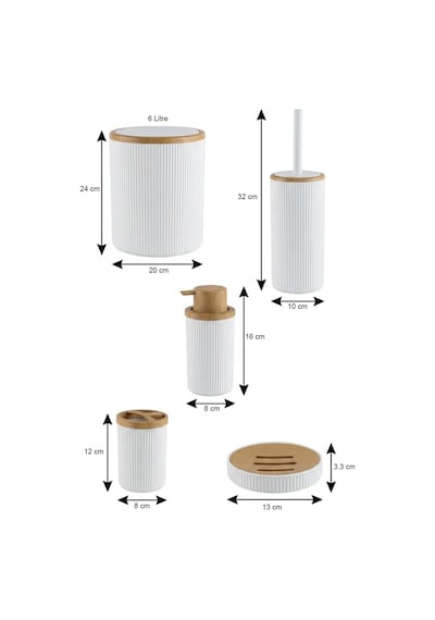Makri Home Banyo Seti 5'li, Beyaz, Ahşap Desenli, Yuvarlak
