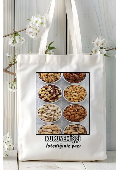 Art Hediye Kuru Yemişçi Baskılı Bez Omuz Çantası Kişiye Özel Model 5 Çok Renkli