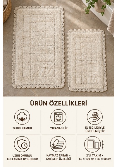 Alanur Bodrum Tufting Cotton Pamuklu El Işi Örgülü 2 Li Paspas 109 Bej