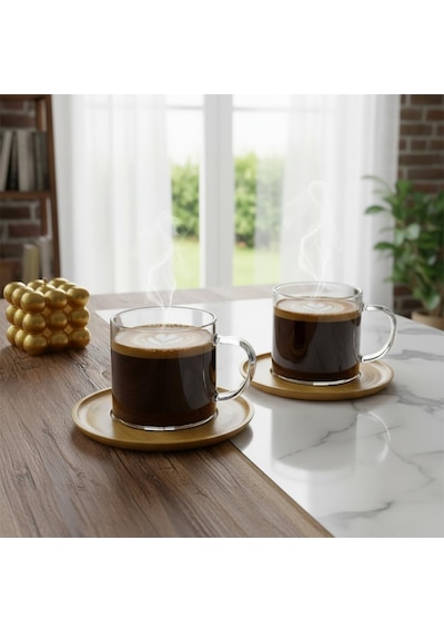 Bambu Tabaklı 2'li Cam Fincan Seti 150 Ml - Yuvarlak/kare Seçenekli Borosilikat Bitki Çayı Ve Double Kahve Fincanı Genel