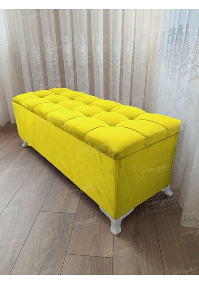 Çizgi Kapitoneli Sandıklı Puf 110 Cm Beyaz Ayak Pembe