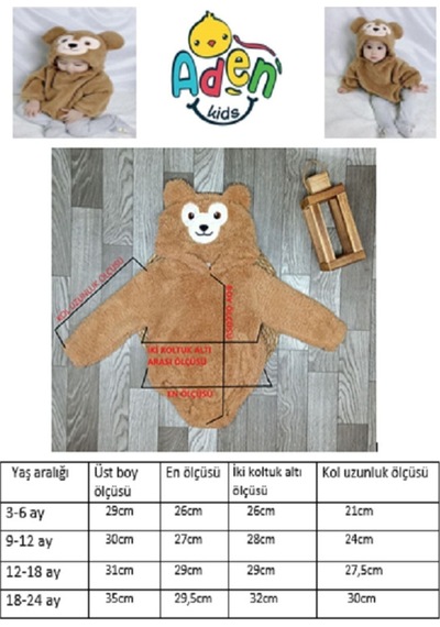 Aden Kids Kapüşonlu Bebek Peluş Çıtçıtlı Body Kahverengi
